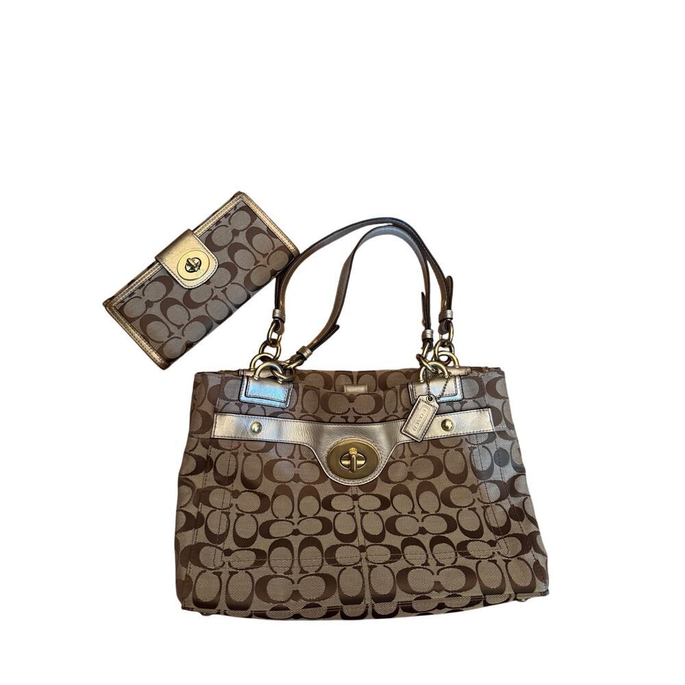 Coach Signature C Tote & Wallet Set Turnlock Gold Trim Brown Khaki Logo Y2K 90s